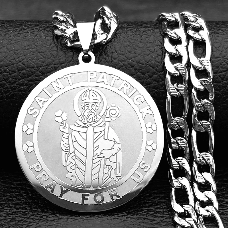 SAINT PATRICK BERDOA UNTUK AS Medali Liontin Kalung untuk Wanita Pria Stainless Steel Warna Emas Christian Amulet Irlandia Hadiah Perhiasan