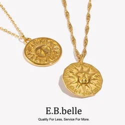 E.B.belle Creative Design Casting Stereoscopic Coin Necklace Stainless Steel Gold Color 12 Zodiac Sign Sun Necklace For Women