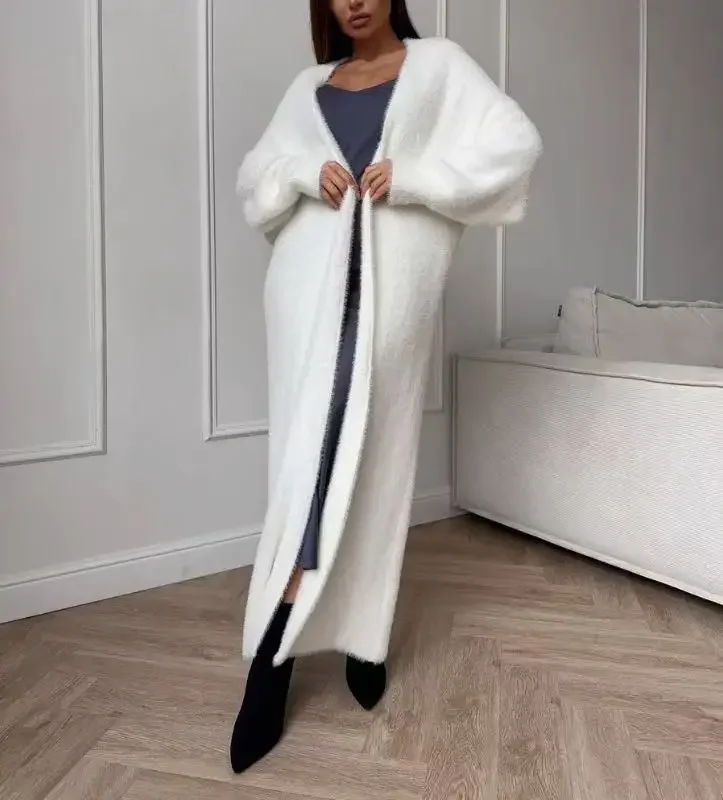 

2025 Holiday Work Female Knitwear Overcoat Autumn Elegant Women Knit Long Cardigan Fashion Casual All White Simple Coat