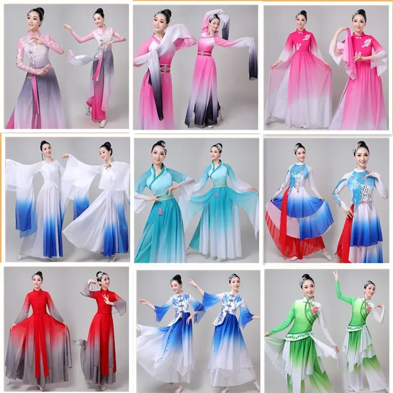 

Ladies classical dance Chinese style women flowing chiffon dress new folk fan kite parachute dance dressYangko performance dress