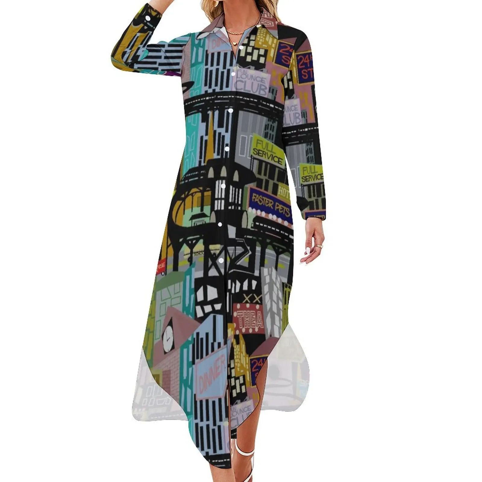 

Mid-Century City Long Sleeved Shirt Dress dress summer Woman fashion cute dress