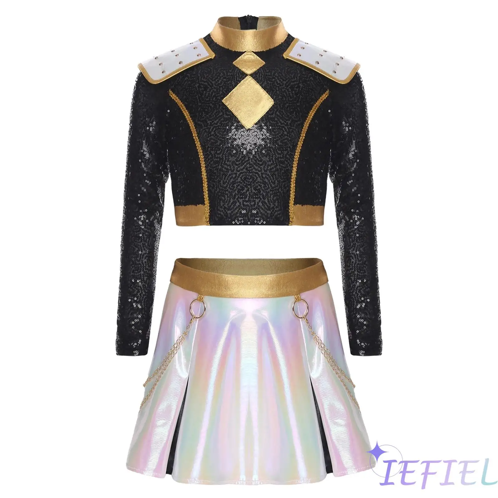 

Костюм певицы демона для девочек с лоскутным топом с блестками и съемными юбками-цепочками на талии, готический сценический наряд на Хэллоуин