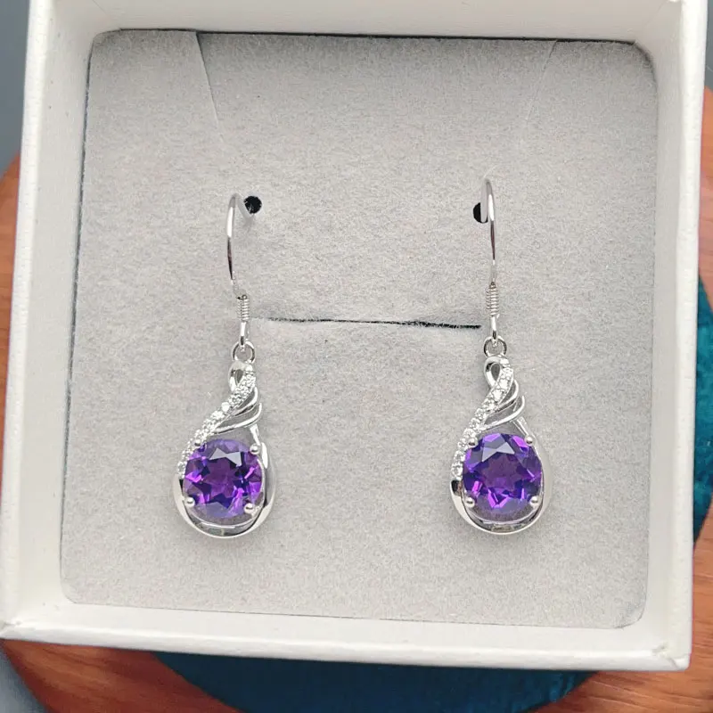 925 Sterling Silver Natural Amethyst Earrings 7mm with Certified 925 Silver Jewelry Round Cut Amethyst Earrings