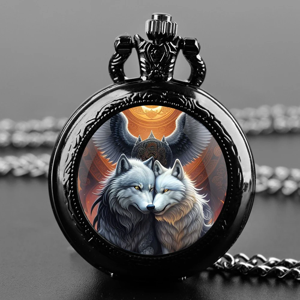 Classic Double Wolf Glass Dome Black Quartz Pocket Watch with Arabic Numerals Dial and Durable Chain Retro Gift for Men Women