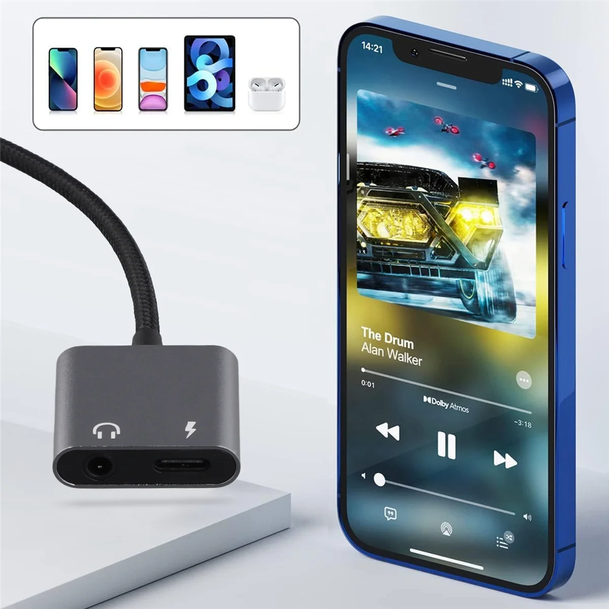 POP-l2-In-1 USB C para 3,5 mm/Tipo C Adaptador de áudio Aux PD60W Carregamento rápido Áudio Aux Fone de ouvido