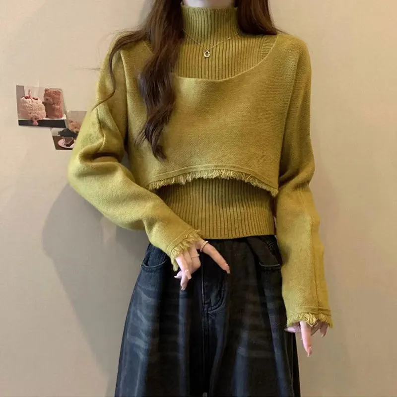 

Two Piece Set Korean Sweaters Female Clothing Solid Color Vintage Autumn Winter Half High Collar Fashion Tassel Knitted Jumpers