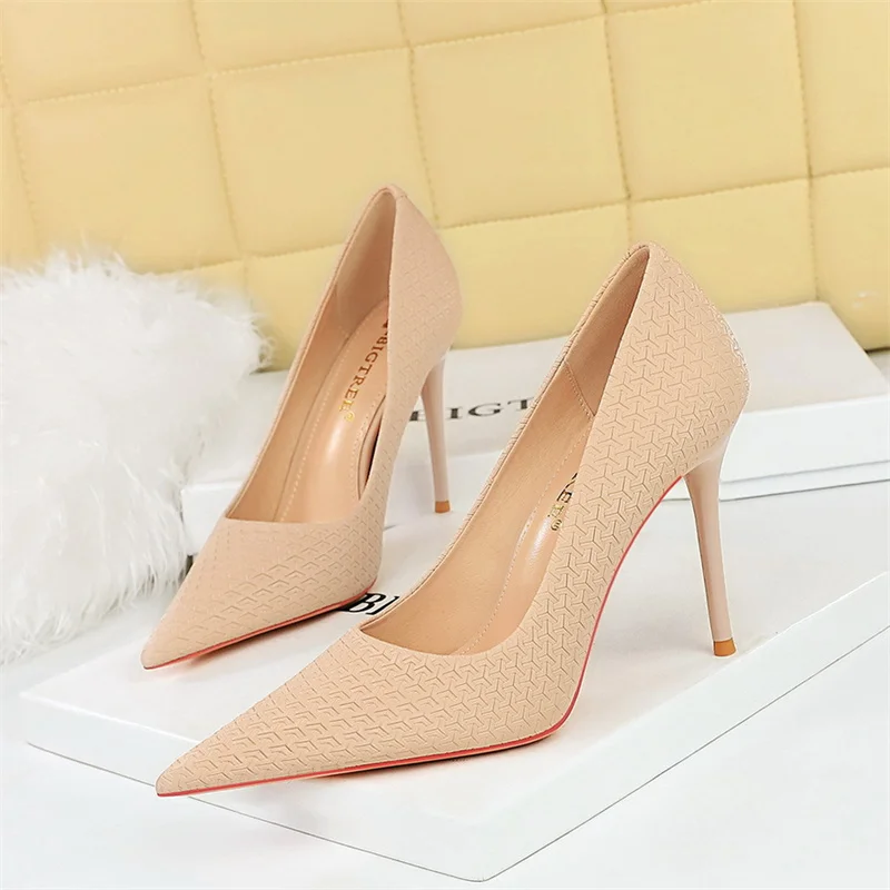 

Fashion Slimming Sweet Women High Heel Weave Printed Pointed Toe Khaki Pumps Stiletto Evening Office Wedding Single Shoes