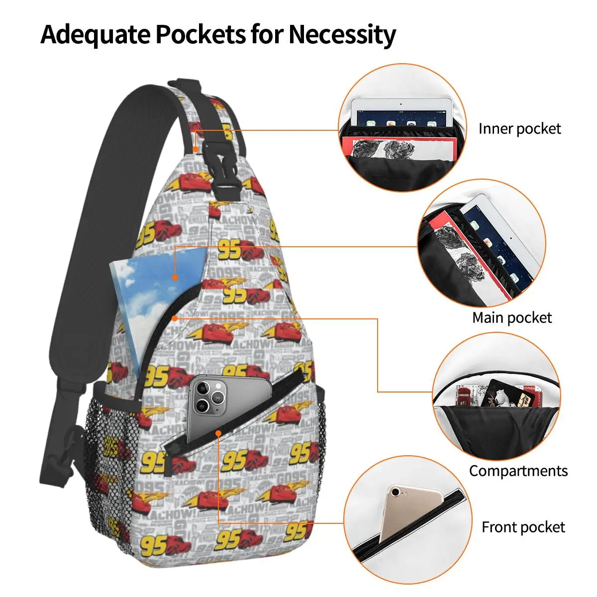 Custom Lightning McQueen 95 Racing Car Sling Crossbody Backpack Waterproof For Traveling Daypack Print Shoulder Backpack