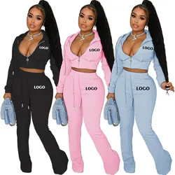 Custom LOGO European and American women's fashion pocket zipper hooded lace-up casual coat bell bottoms two-piece suit