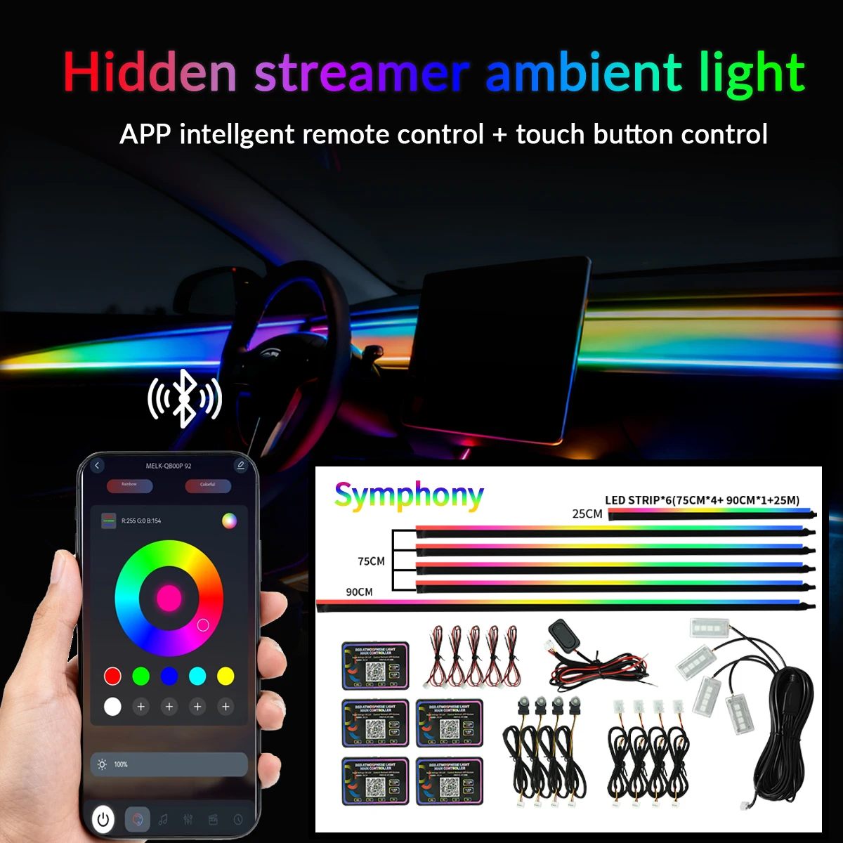 

Car Decorative Atmosphere Lamp Kit Symphony RGB Acrylic Guide DIY Function Control Dual Zone Car Ambient Lights Foot Lamp