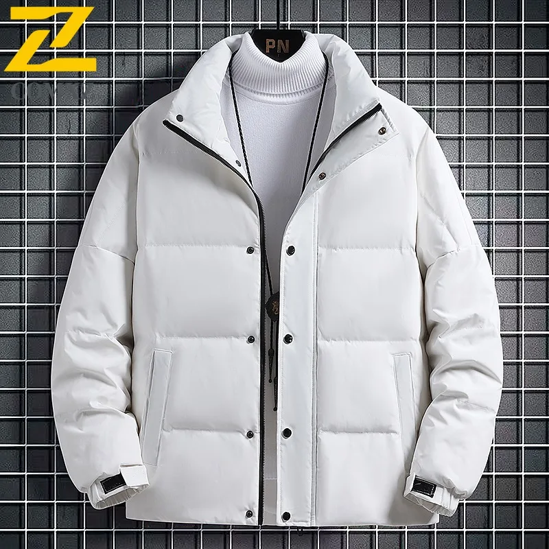 COMXZ 2025 Mens Winter Hooded Puffer Jacket Korean Style Casual Waterproof Windproof Solid Color Thickened outdoor sports Coat