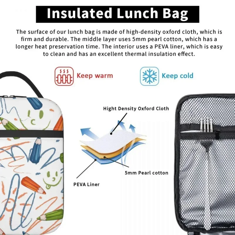 Back To School Colored Pencils Pattern Resuable Lunch Boxes Waterproof Thermal Cooler Food Insulated Lunch Bag Kids Children