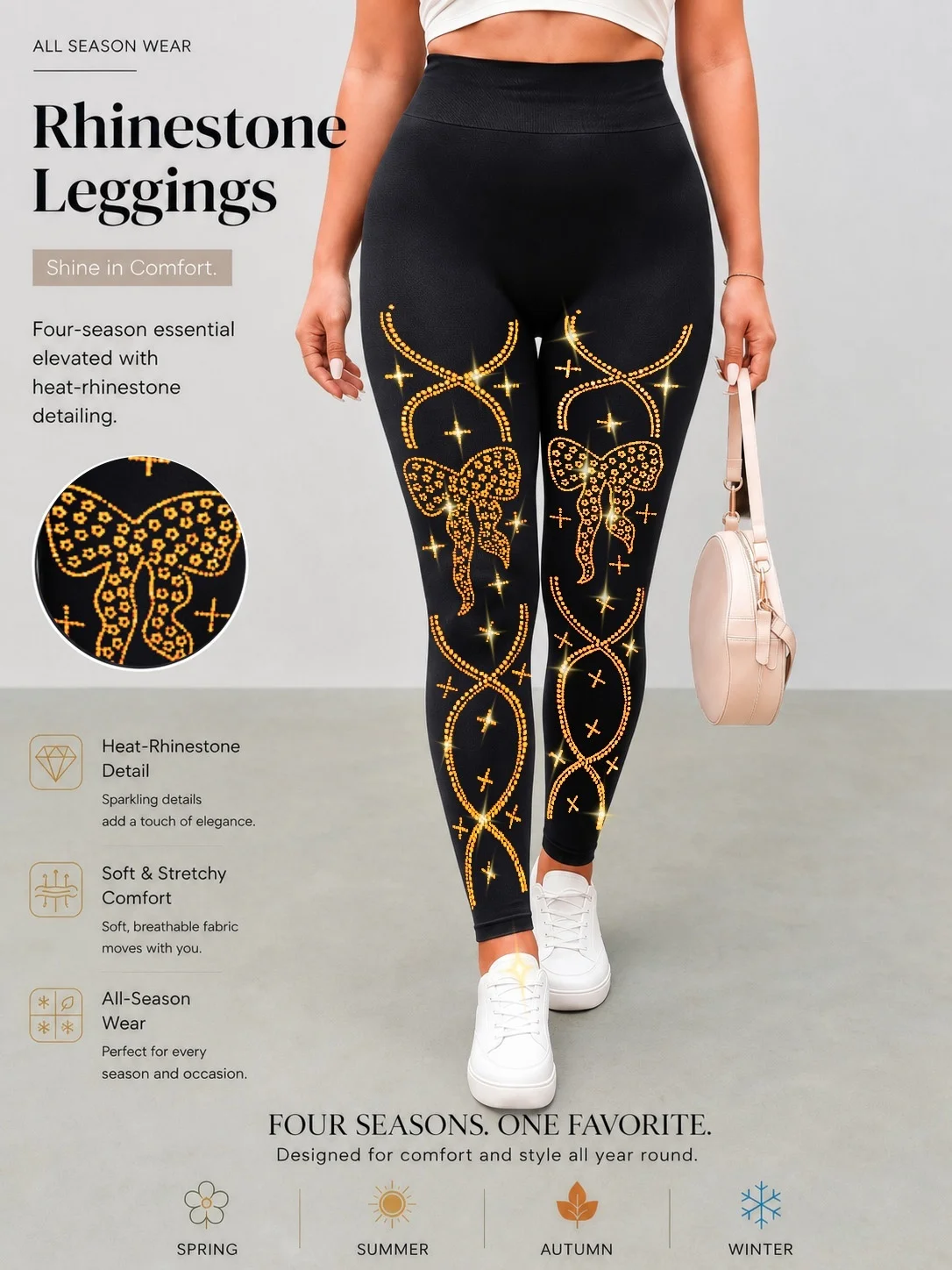 Women's Golden Bow Rhinestone Knit Ankle Leggings Gorgeous High Stretch Trousers for Holiday Vacations Jogging Outdoor Trips