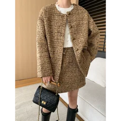 O Neck Elegant Office Tweed Women Suit Long Sleeve Jacket + Mini Skirt Simple Khaki Small Fragrance Franch Lady Two-piece Set