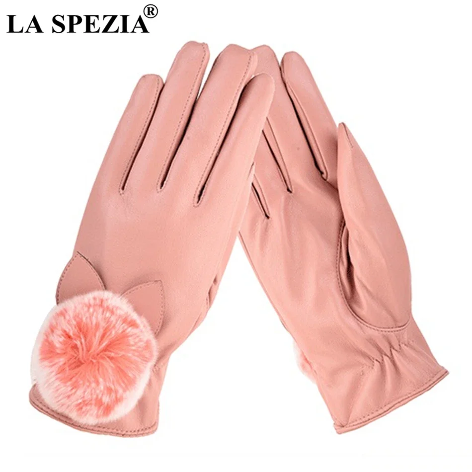 

LA SPEZIA New Pink Leather Gloves Women Winter Rabbit Fur Pom Pom Gloves PU Fleece Ladies Elegant Windproof Touchscreen Black