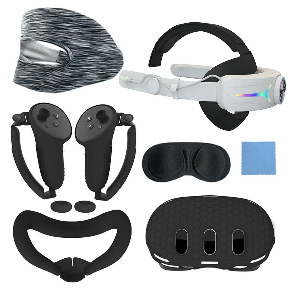

Набор аксессуаров из 7 шт., ремешок на голову с RGB, чехол для корпуса VR, ручки контроллера, защита объектива, чехлы для джойстика для Oculus/Meta Quest 3