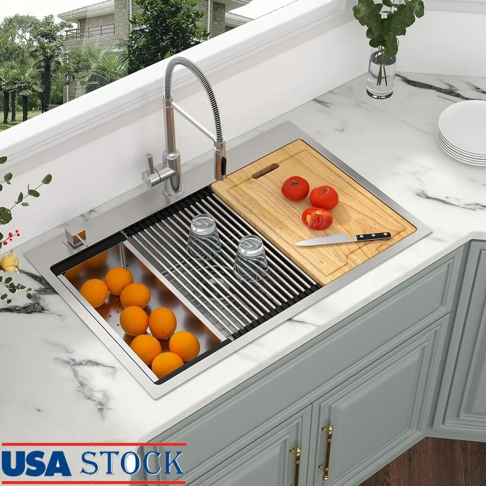 

33 Inch Drop In Kitchen Sink Workstation Stainless Steel Single Bowl Deep Bowl Sound Guard Bottom Grid Accessories Included
