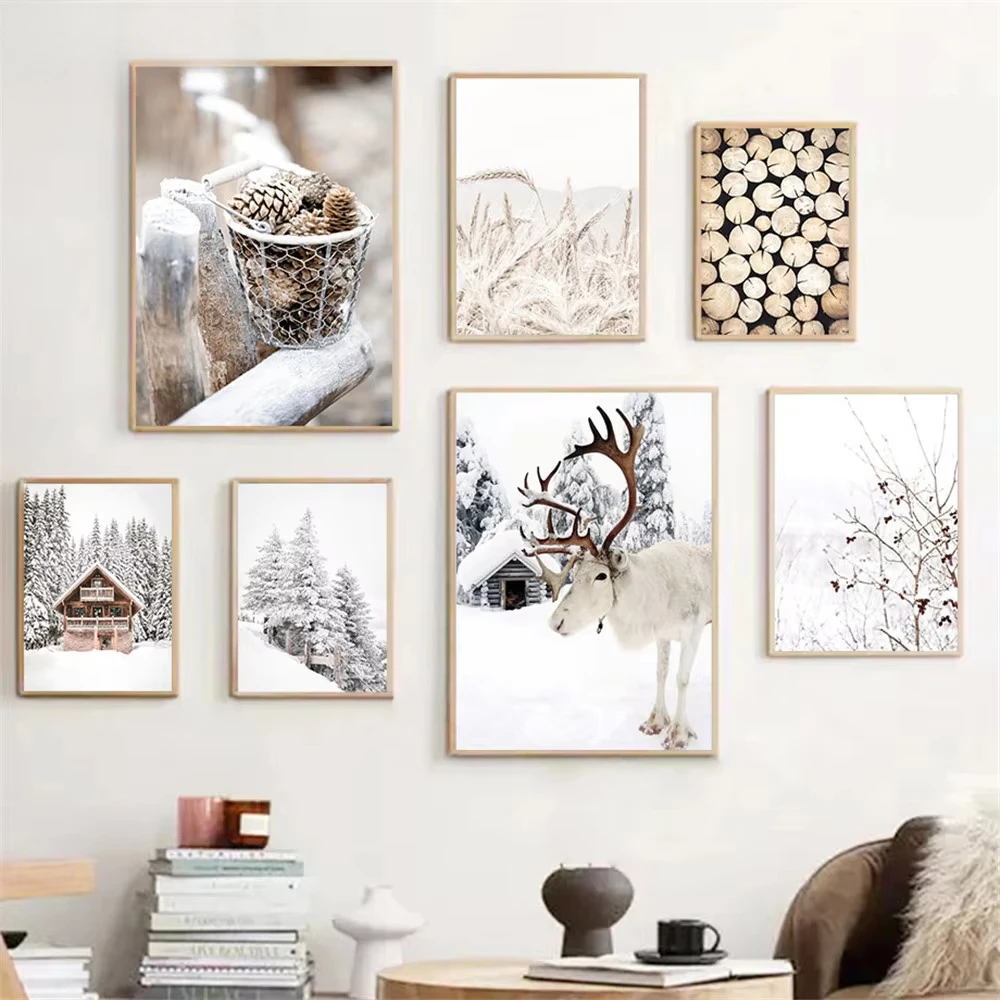 Winter Snow Tree House Wooden Pine Wall Art Oil Painting Fox Bear Elk Poster Leaf Prints Nordic Living Room Decoration Pictures