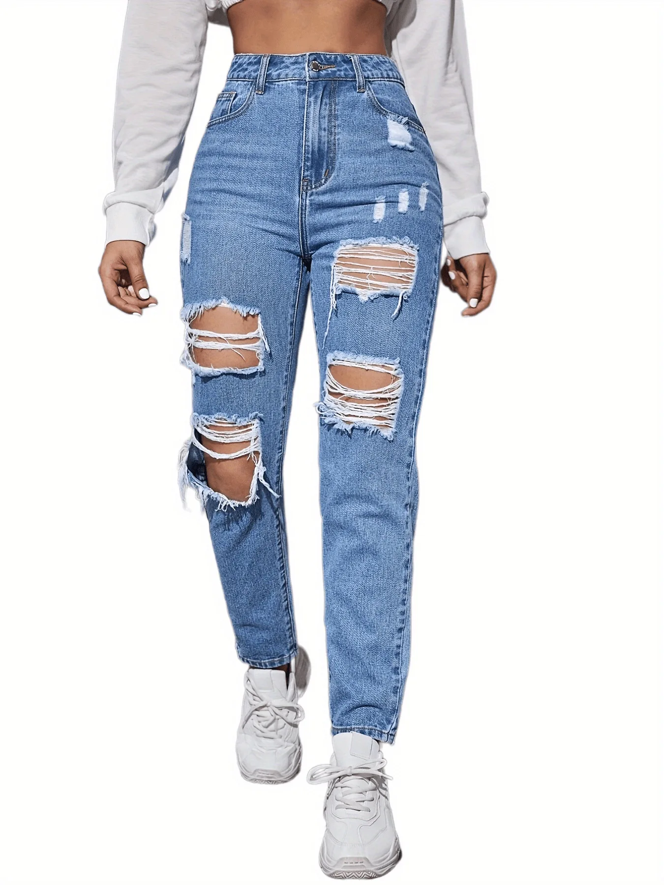 Acolchoado Holey Calças jeans femininas de cintura alta casuais para mamãe roupas jeans rasgados para mulheres jeans azuis
