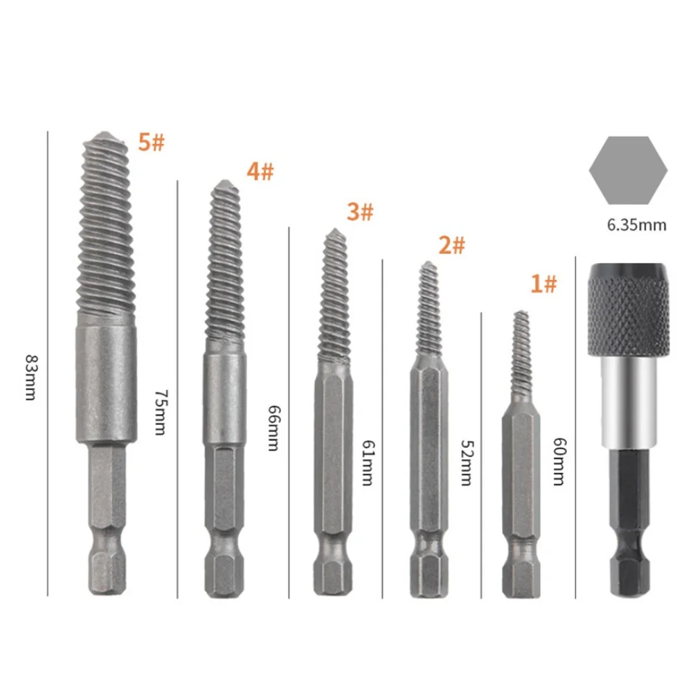 Qualidade Premium Hex Parafuso Extrator Set, Parafuso Removedor, Danificado e enferrujado Parafusos e Parafusos, Aço Carbono Durável, 6Pcs