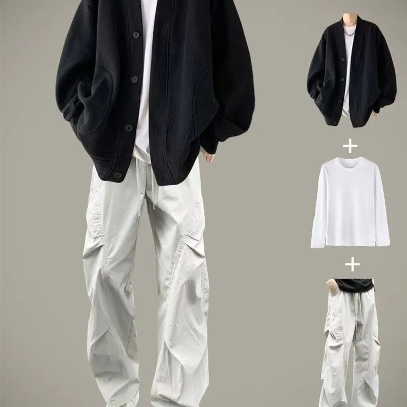 

Повседневная весенне-осенняя свободная мужская джинсовая толстовка с капюшоном, модные вязаные длинные брюки-свек, верхняя одежда для подростков Faion