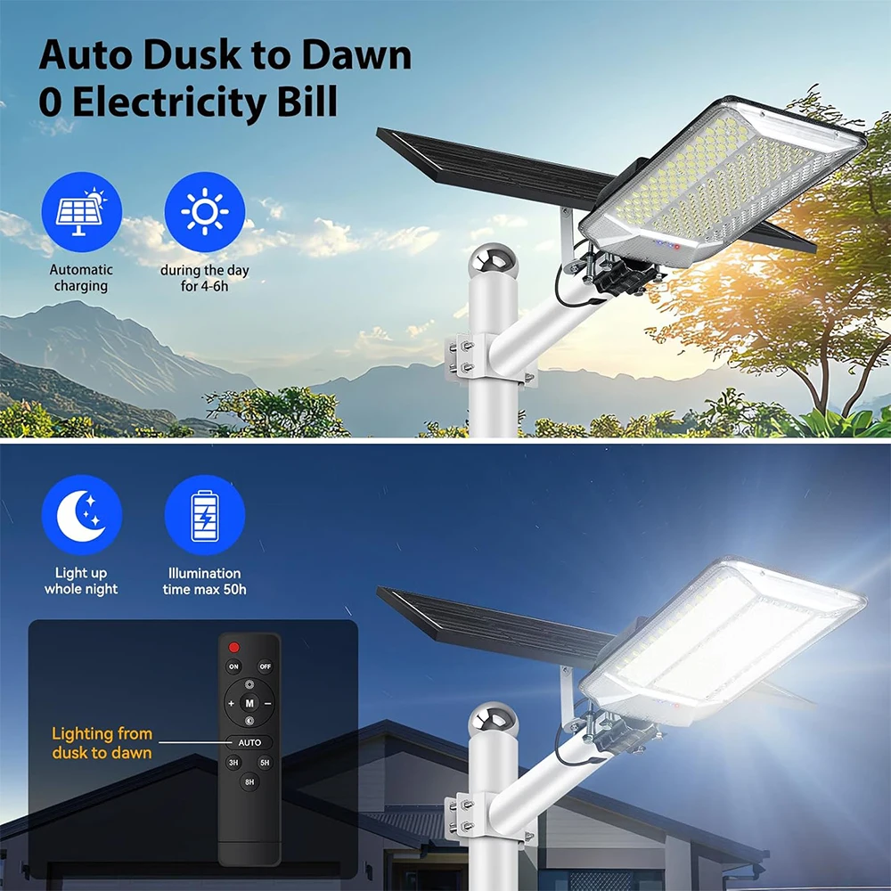 Solar Street Light Outdoor Solar Parking Lot Light LED Wide Angle Lamp with Motion Sensor IP67 Waterproof Commercial Lighting