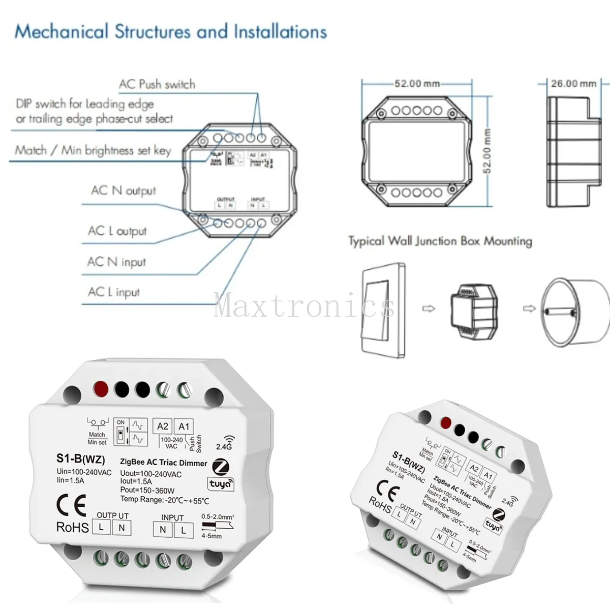 Tuya ZigBee LED Dimmer S1-B(WZ) AC Triac Dimmer 2.4G Wireless RF Remote Control Smart Push Switch Dimmer R1 R6 R11 for LED Strip