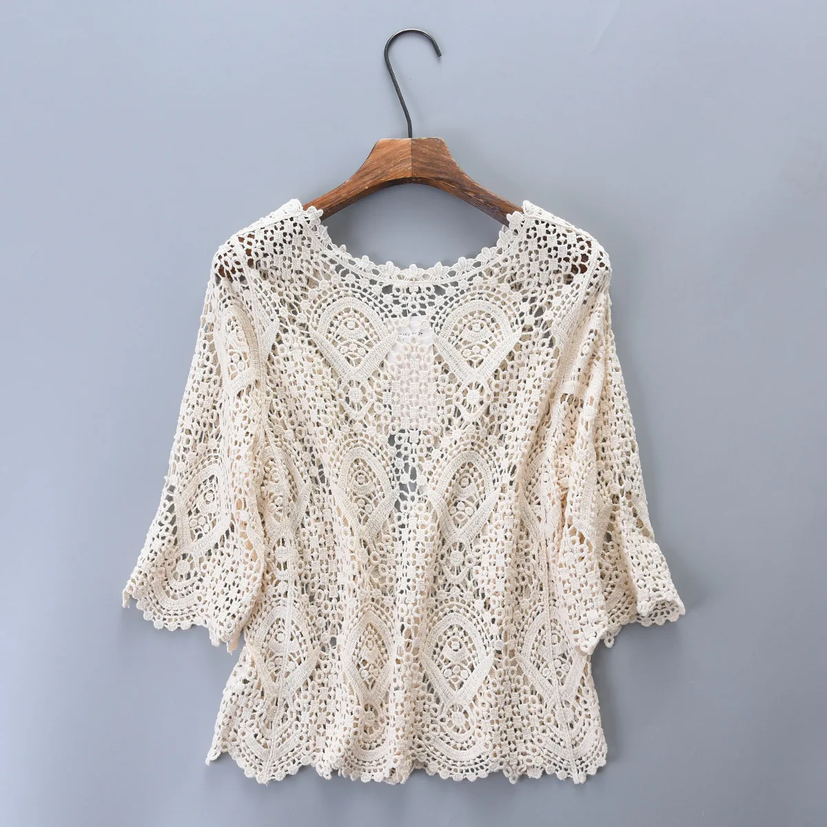 Knitted Shrug Women Bohemian Style Midi Sleeve Lace Open Cardigan Short Knitting Outwear Hollow Out Sweater Geometric Tops