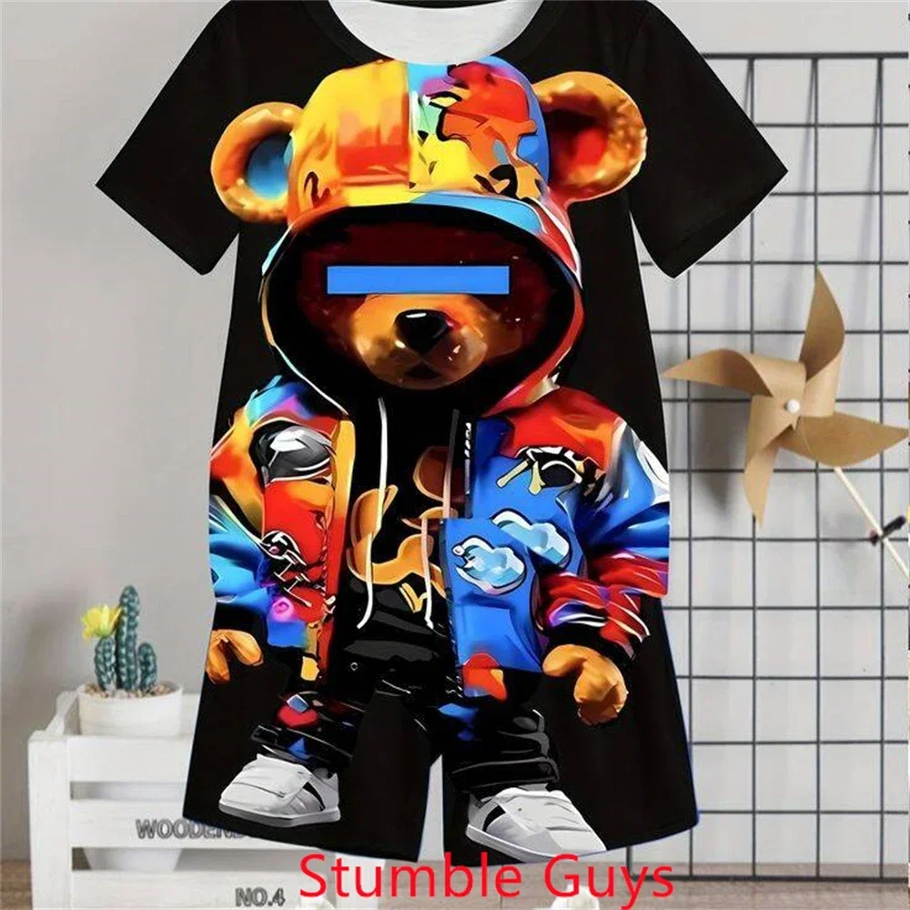 Fashion Brand Bear Tshirt Set Kids Summer Anime Clothes Tracksuit Boys Girls Tops One Piece Cartoon Sonic 2pcs Short Sleeve