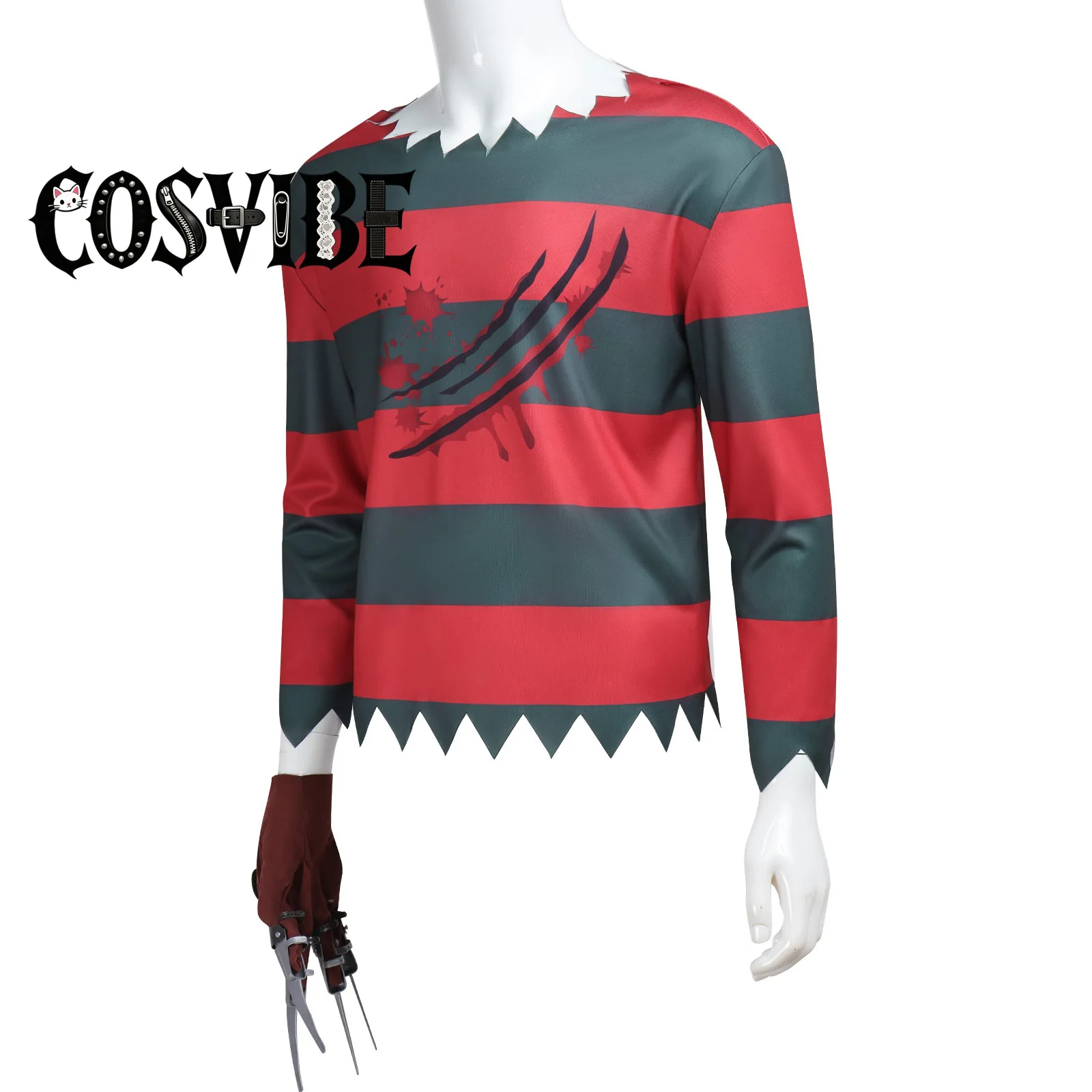 Freddy Krueger Cosplay - Adults Halloween Costume Red Black Stripes Top with Hat & Gloves with Sharp Claws - view 3