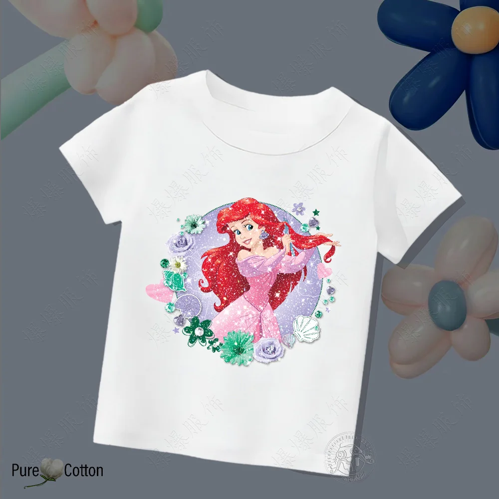 Disney Princess Ariel Cotton Kids T-shirt tops Summer Fashion Crew-neck short-sleeved Cartoon Girl Soft T-shirt