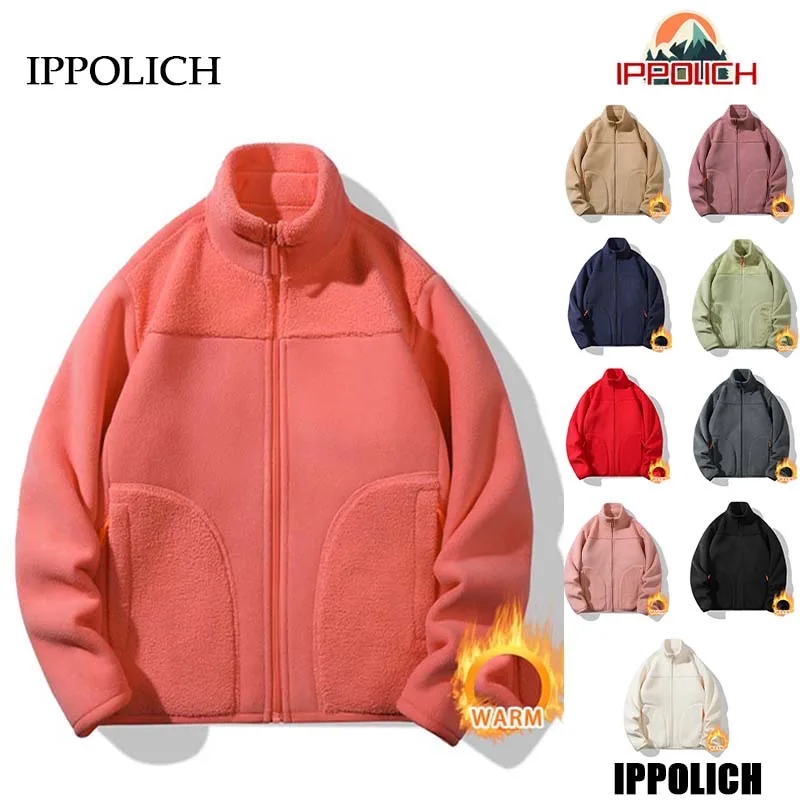 Winter Men's Fleece Jacket Windproof Keep Warm Women Double-Sided Fleece Jacket Outdoor Stand Collar Zip Up Thickened Warm Coats