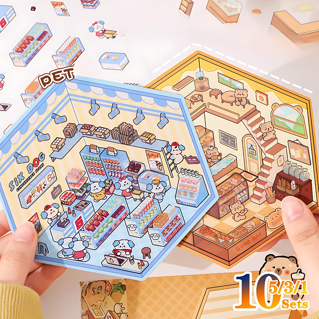 1-10Sets Cartoon Capybara DIY 3D Sticker Pocket Cabin Scene Stacking and Pasting Festival Birthday Gift for Kid Child Student