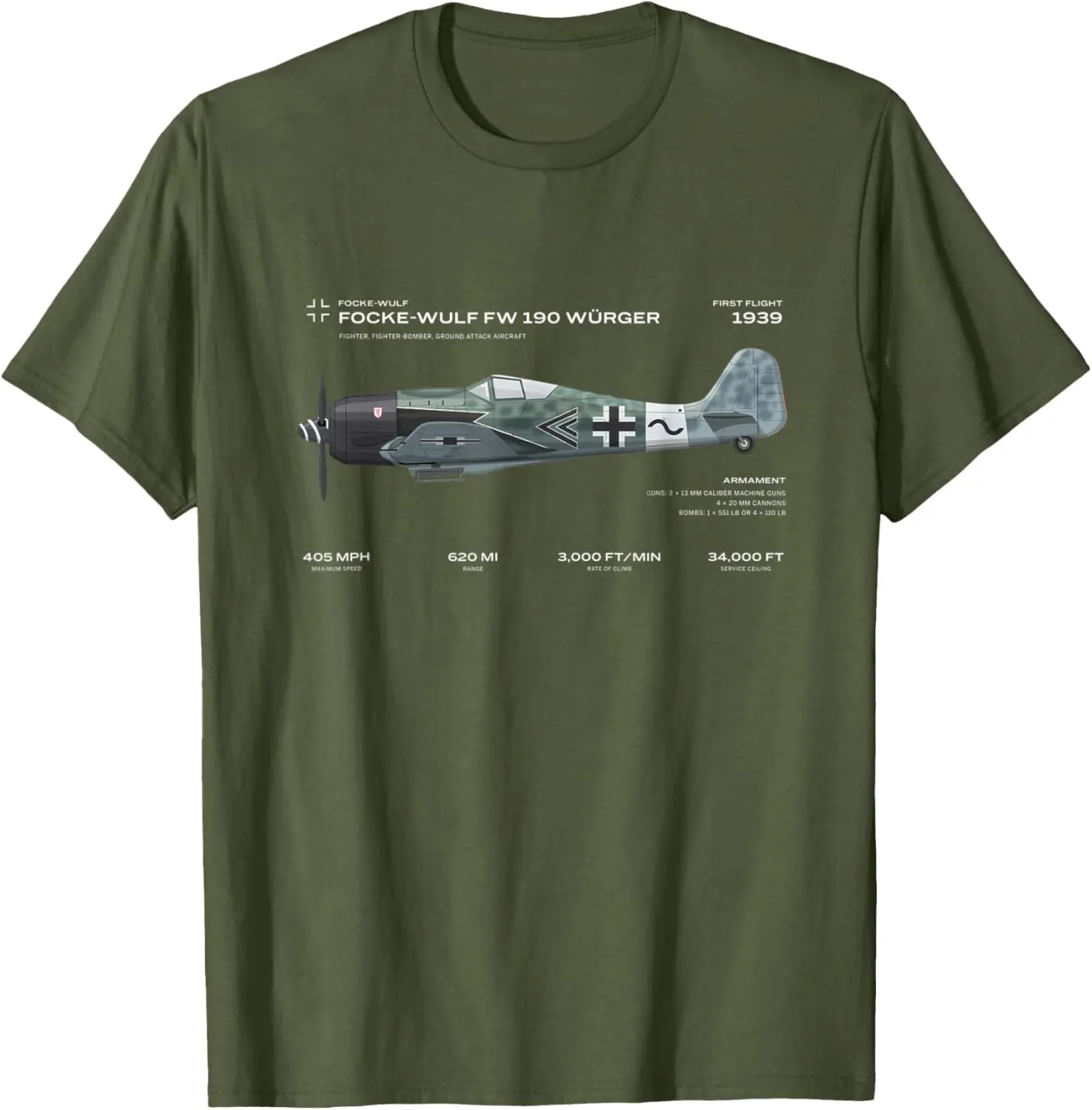 

Focke Wulf Fw 190 WWII Airplane Historic War Bird Fighter T-Shirt Short Sleeve Casual 100% Cotton T Shirts