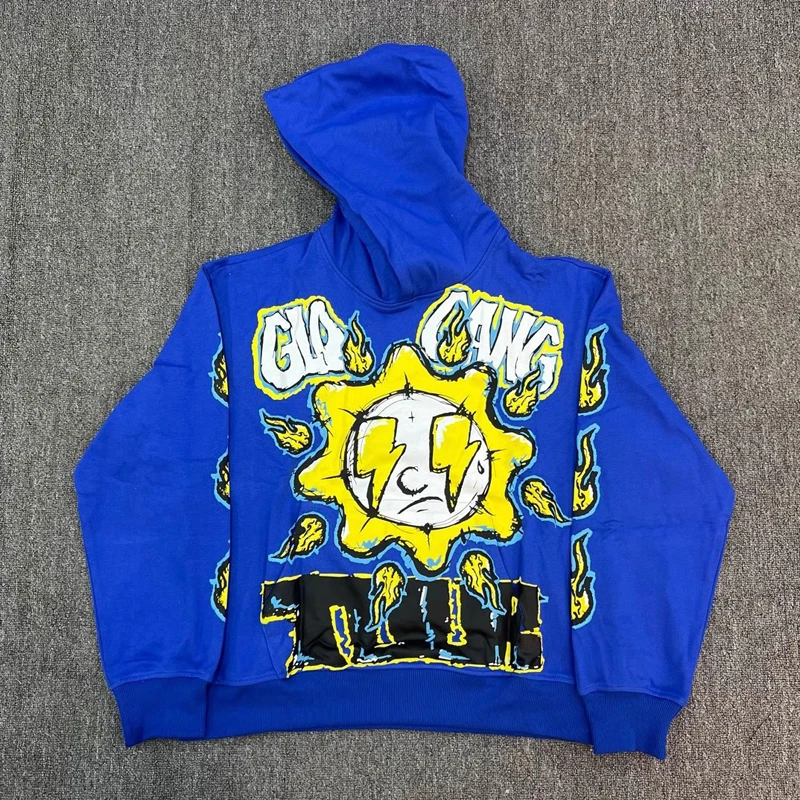 

New Sell Well Funny Cartoon Pattern Glo Gang The Glory Hoodies High Quality Real Picture Hip Hop Blue Glo Gang Sweatshirts Hoody