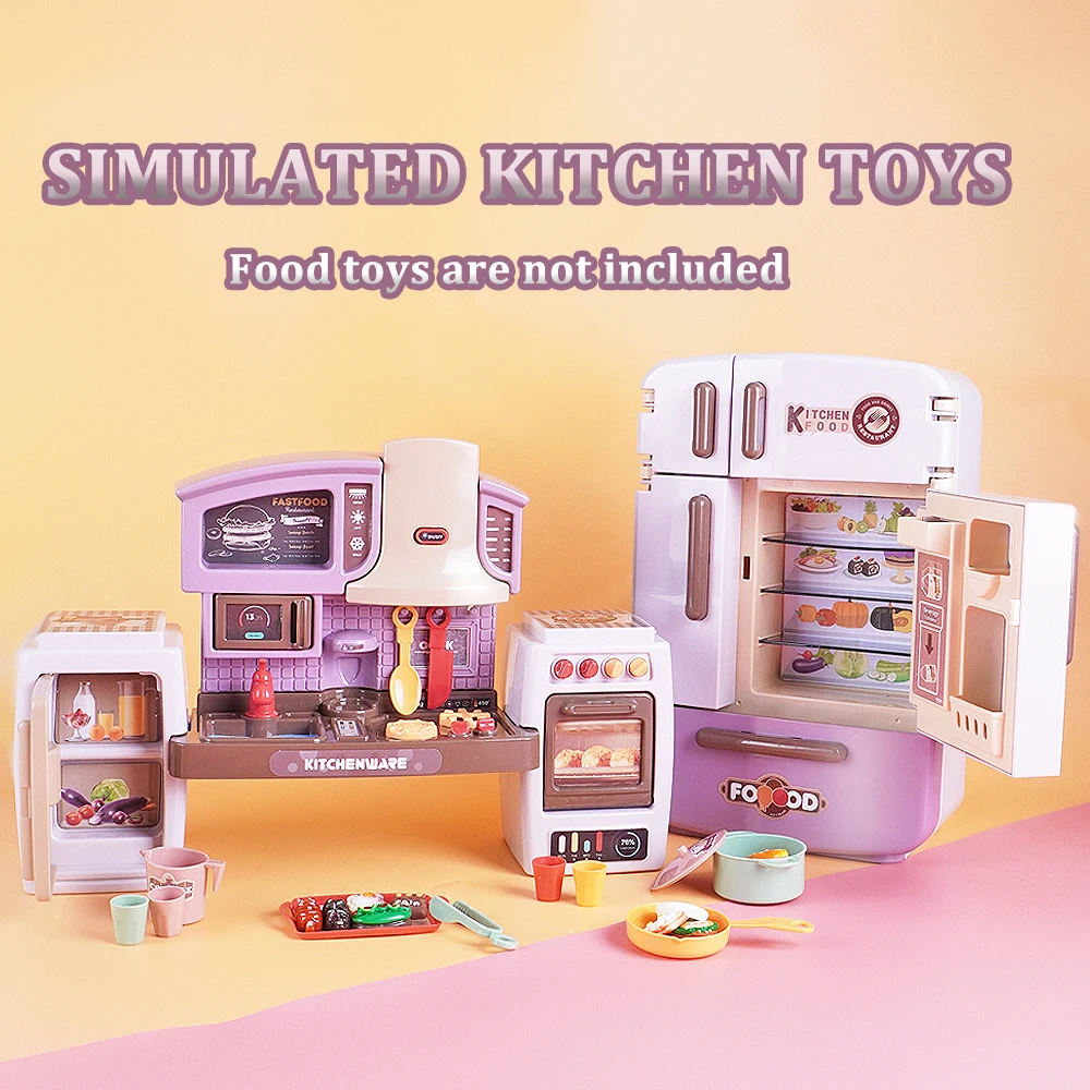Mini mesa de comedor de comida 2 en 1, tablero de cocina, horno, nevera con efecto de sonido ligero, juego de simulación para el hogar, juguete para regalo de cocina DIY