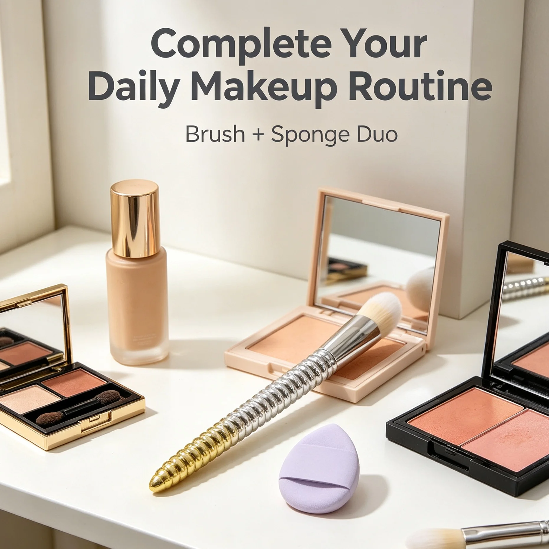 Includes a gradient metal rod eyeshadow brush and a double-strap purple water droplet makeup sponge.