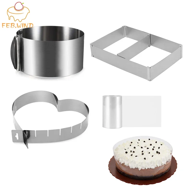 Adjustable Cake Ring Heart/Square/Round Cake Ring Stainless Cheese Mousse Ring Mold Cakes Collar Acetate Sheets For Baking  0121