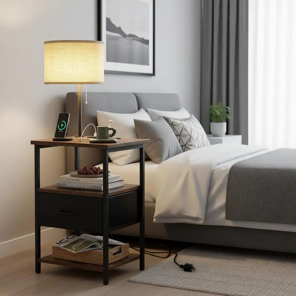 

Регулируемая тканевая прикроватная тумбочка с 3-температурным LED-дисплеем и зарядной станцией для спальни или общежития