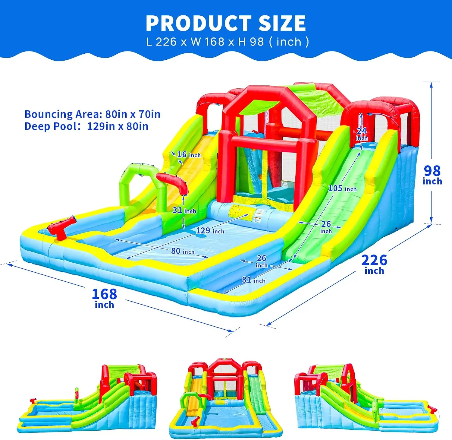 WELLFUNTIME Inflatable Water Double Slides Park with Blower, Shade Tent Bounce House with 2 Climbing Walls, 3 Water Pools, 226x1