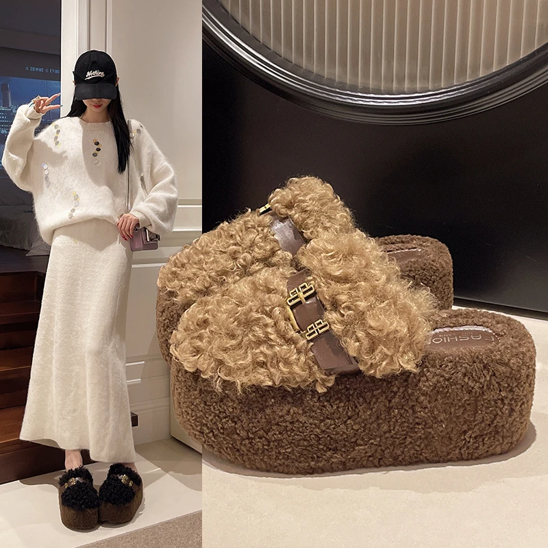 Women's Slippers Thick-soled Alphabet Indoor Warm Comfortable Lightweight Bedroom Simple Winter Cotton Colorblock Buckle Shoes