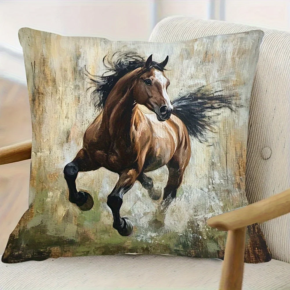 Running Horse Artistic Double-Sided Pillowcase, Dynamic Animal Pattern Cushion Cover with Zipper, Washable Decor Case