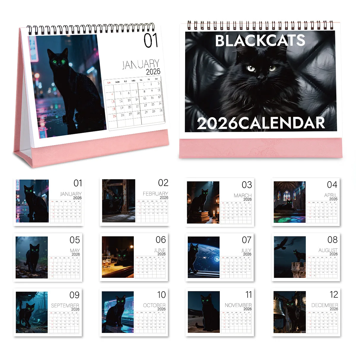 Calendario da tavolo elegante a tema gatto nero da 1 pezzo con scene atmosferiche, ideale per gli amanti dei gatti neri, ideale come regalo di Capodanno 2026