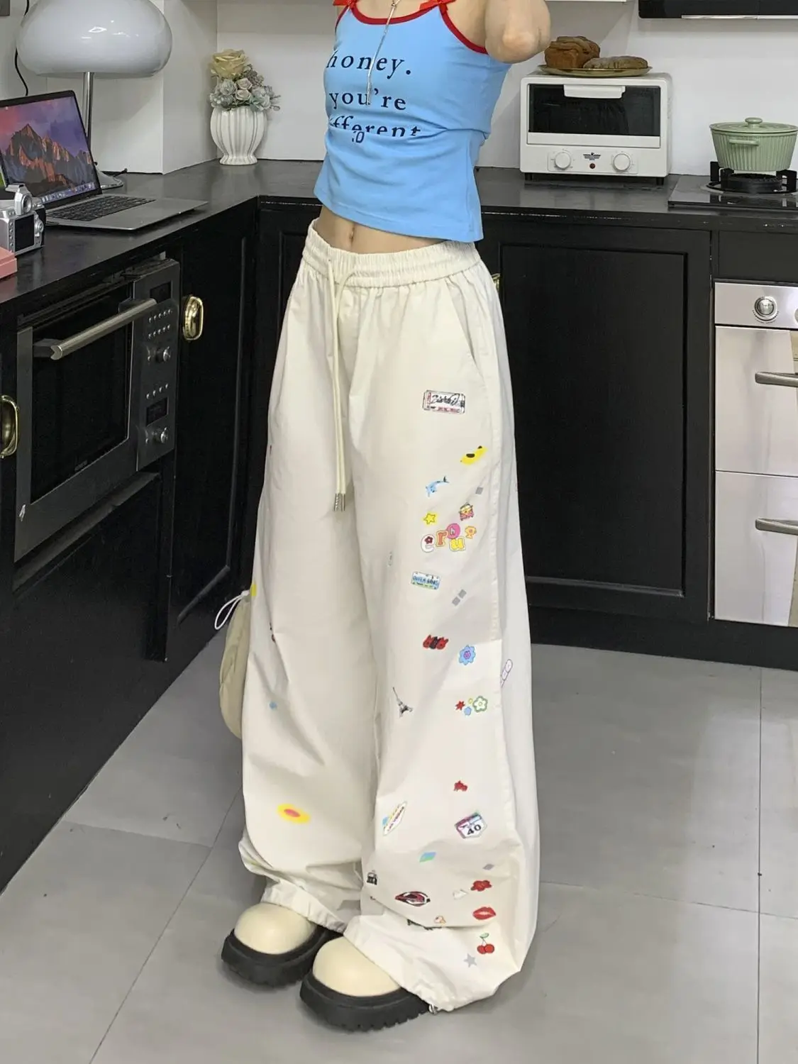 Women's 2026 New Cartoon Print Sporty Casual High-Waist Drawstring Slimming Versatile Loose Straight Leg Wide Leg Long Pants