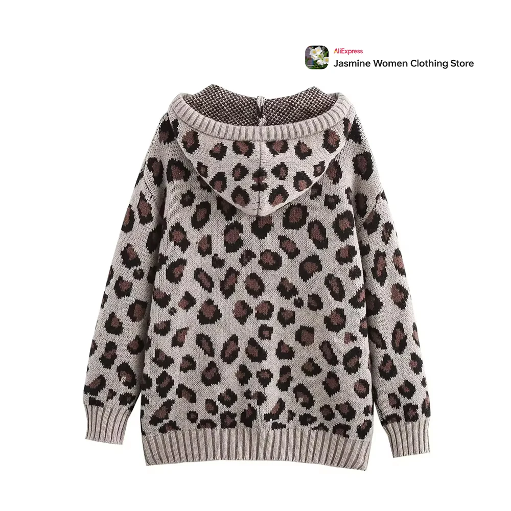 Animal Jacquard Knit Sweatshirt Y2k Harajuku Women's Leopard Hoodie with Drawstring Adjustable Hood&Ribbed Trims Long Sleeve Top