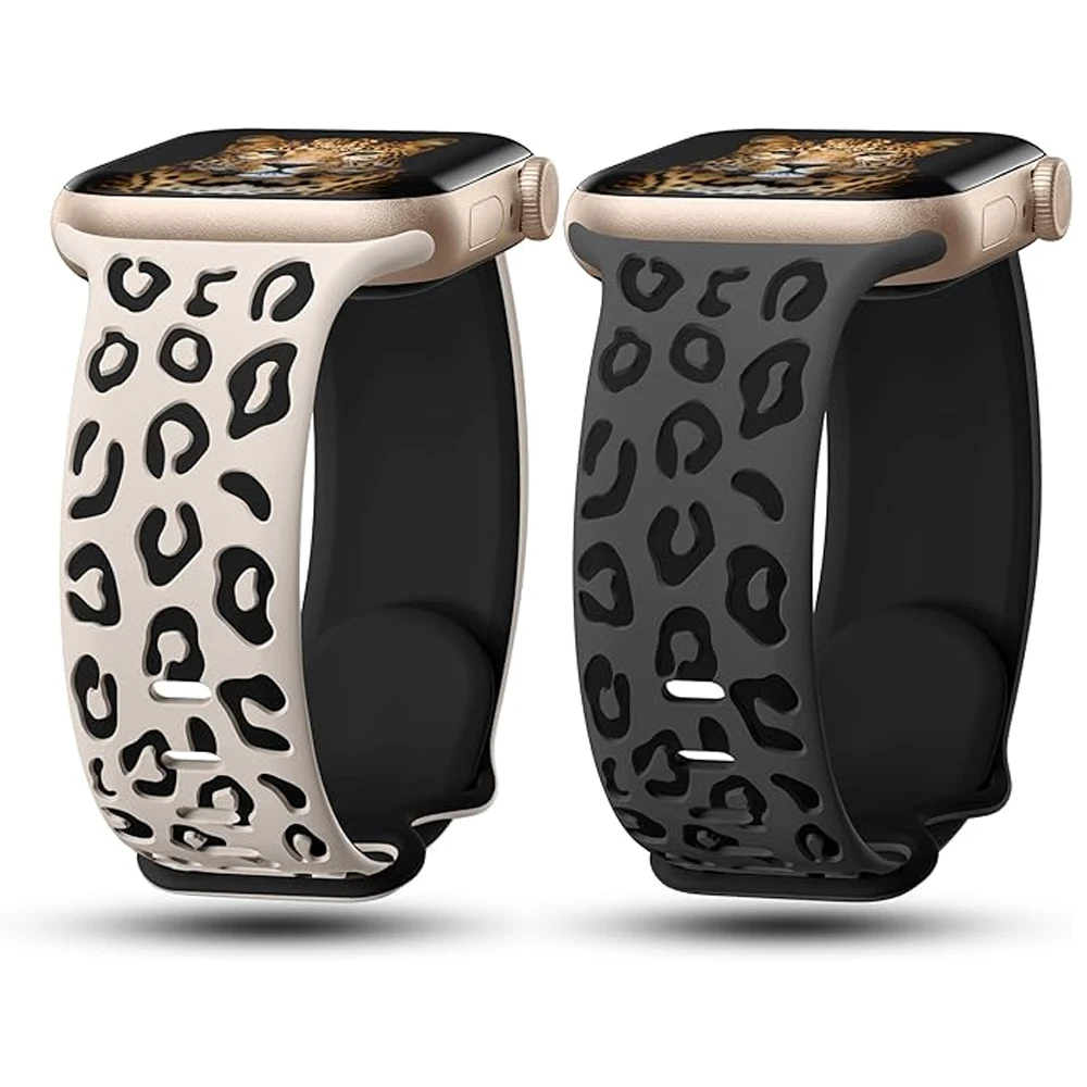 Leopard Print Two-tone Silicone Strap for Apple Watch Band Series Breathable Silicone Engraved Strap