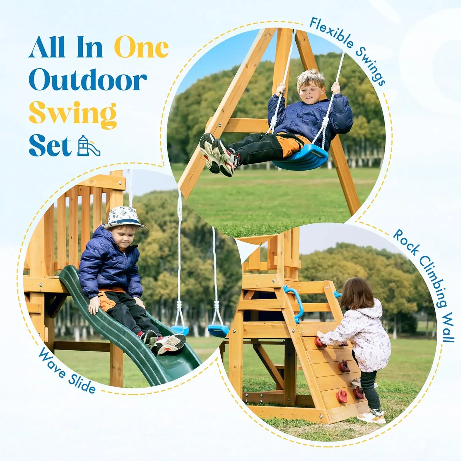 Robotime Robud Wooden Swing Set with Dual Swings Slide Rock Climbing Wall Chalkboard Telescope Fort for Backyard Fun for Kids