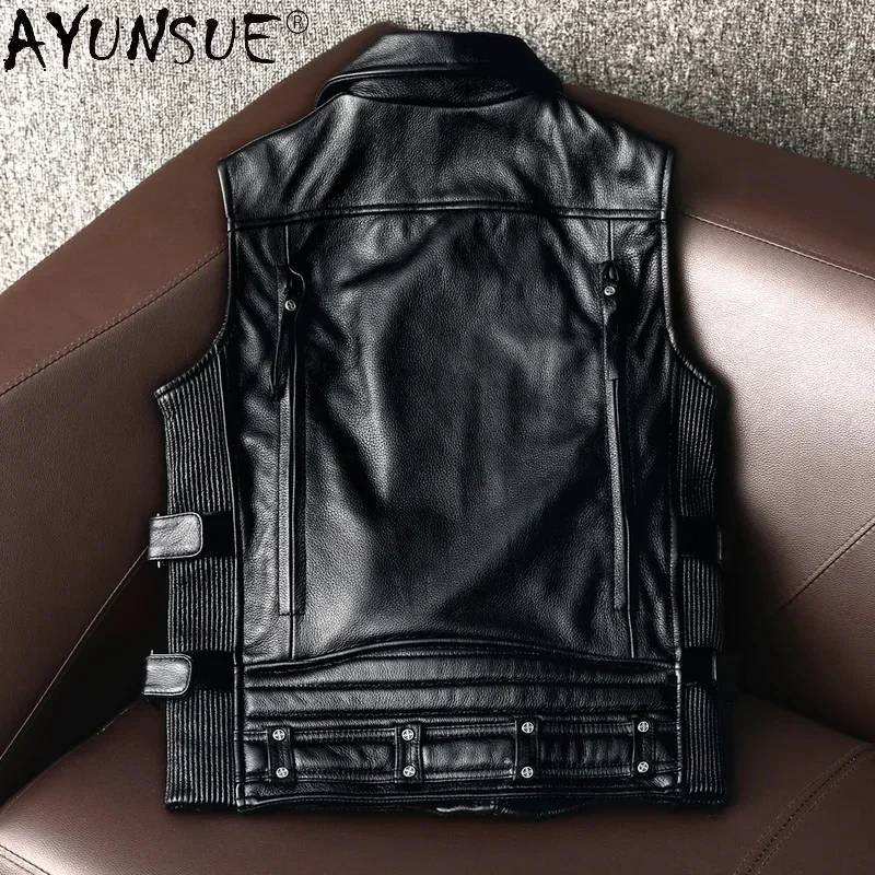 Ayunsue Motorfiets Echt Leren Vest Heren Hoge Kwaliteit Heren Jacks Biker Koeienhuid Jas Plus Maat 5xl Lente 2024 Veste Homme