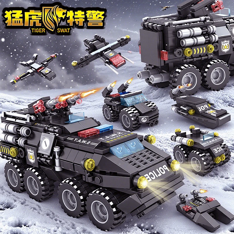 

6 in1 Military Building Blocks Set Army Police Car Tank Aircraft Armored Vehicle Model DIY Toys for Kids Birthday Christmas Gift