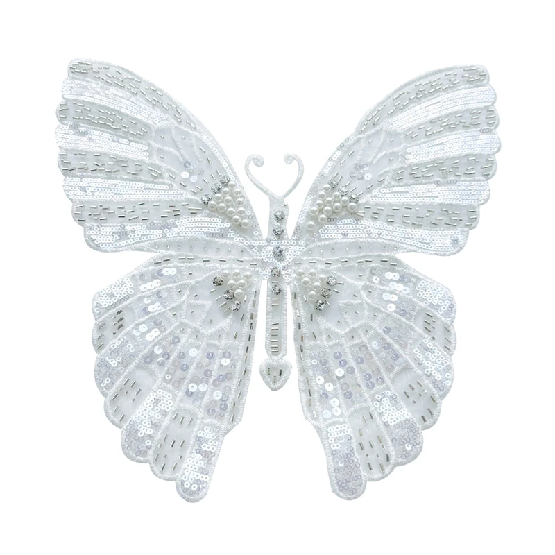 White mesh embroidery beaded butterfly patch dress clothing DIY decorative patch accessories